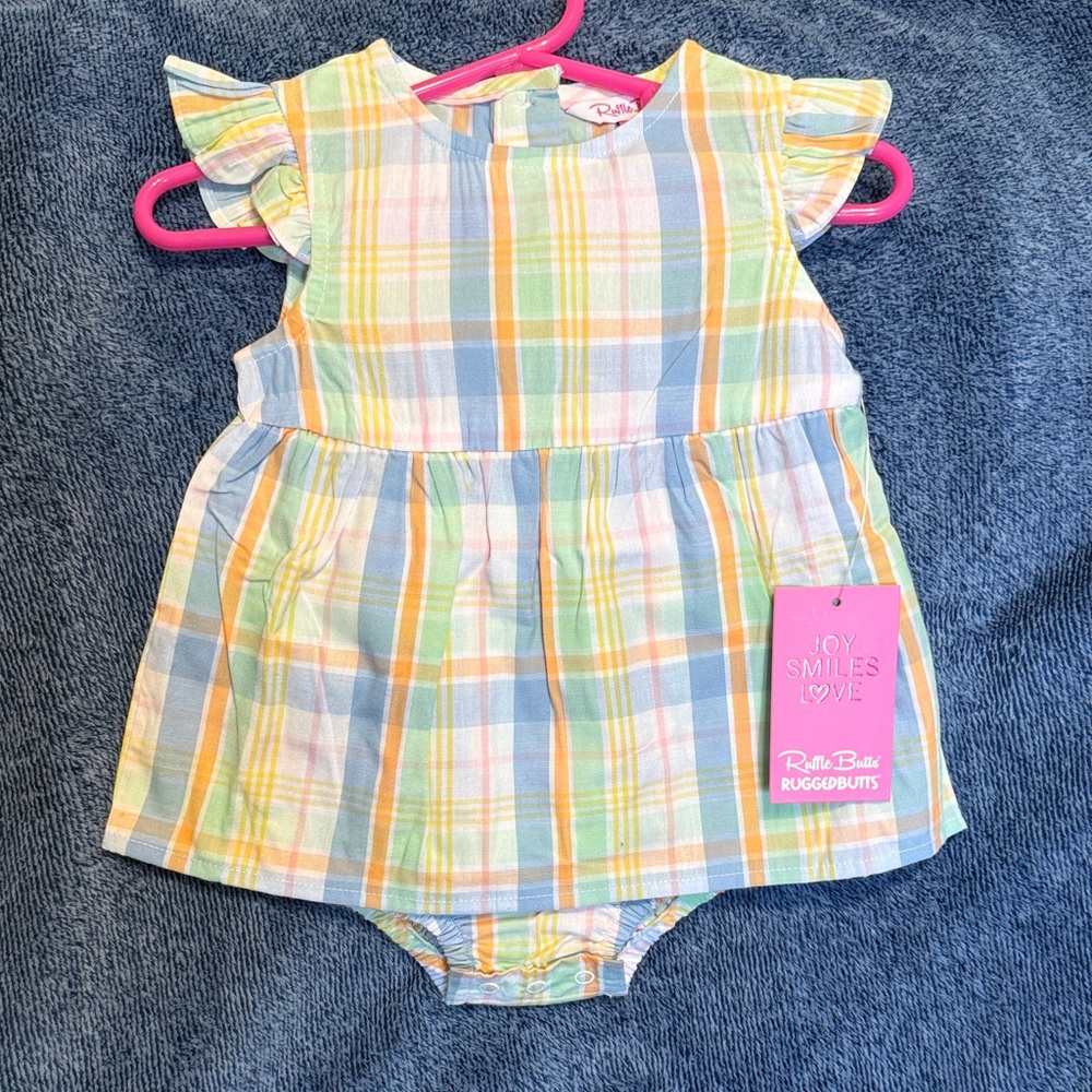 NWT Ruffle Butts Plaid Flutter Sleeve Skirted Romper- Blue, Yellow, Green